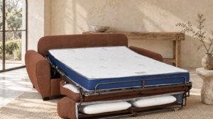 Canapé convertible Vegetal en tissu Madagaskar, ouvert en lit