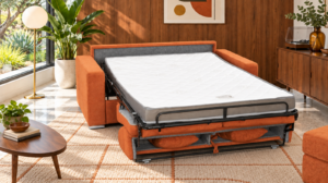 Canapé convertible Maya en tissu Crown, ouvert en lit