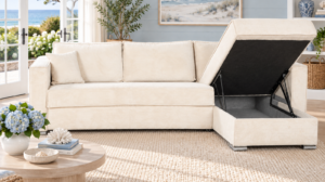 Canapé d'angle convertible Mowgli en tissu Zoom, coffre de rangement ouvert