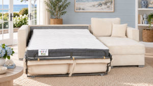 Canapé d'angle convertible Mowgli en tissu Zoom, ouvert en lit