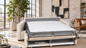 Canapé convertible Maquis monocoussin en tissu Zoom, ouvert en lit