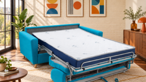 Canapé convertible Musa en tissu Twist, ouvert en lit