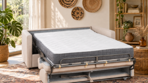 Canapé convertible Platane en tissu Twist, ouvert en lit