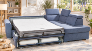 Canapé d'angle convertible Fougère en tissu Enjoy, ouvert en lit