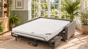 Canapé convertible Monstera en tissu Queens, ouvert en lit