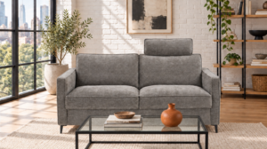 Canapé convertible Ficus en tissu Romeo, vue de face avec têtière