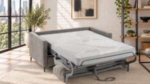 Canapé convertible Ficus en tissu Romeo, ouvert en lit