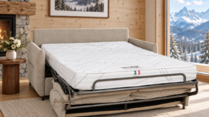 Canapé convertible Wistiti matelas 17 cm en tissu Rebel, ouvert en lit