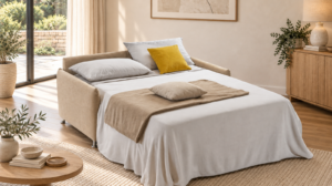 Canapé convertible Amazona en tissu Queens, ouvert en lit avec literie