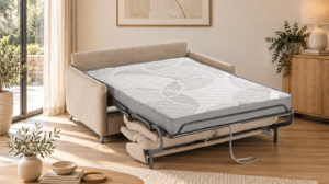 Canapé convertible Amazona en tissu Queens, ouvert en lit, vue de profil