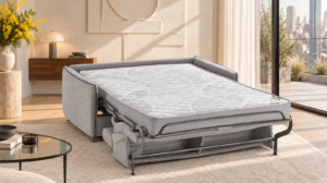 Canapé convertible Mona en tissu Bull, ouvert en lit