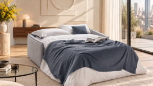 Canapé convertible Mona en tissu Bull, ouvert en lit avec literie
