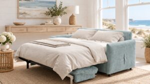 Canapé convertible Samba matelas 17 cm en tissu Ambra, ouvert en lit avec literie
