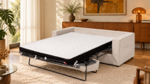 Canapé convertible Rio en tissu Zoom, ouvert en lit