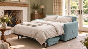 Canapé convertible Samba matelas 20 cm en tissu Ambra, ouvert en lit avec literie