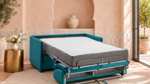 Canapé convertible Yara en tissu Amore, ouvert en lit