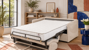 Canapé convertible Yara en tissu Zoom, ouvert en lit